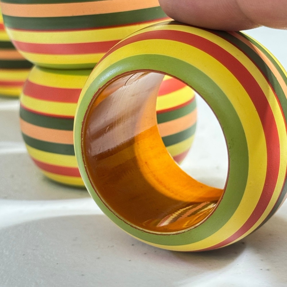 Vintage Multicolor Striped Wood Napkin Rings Set of 6 Hand‎ Painted Table Decor